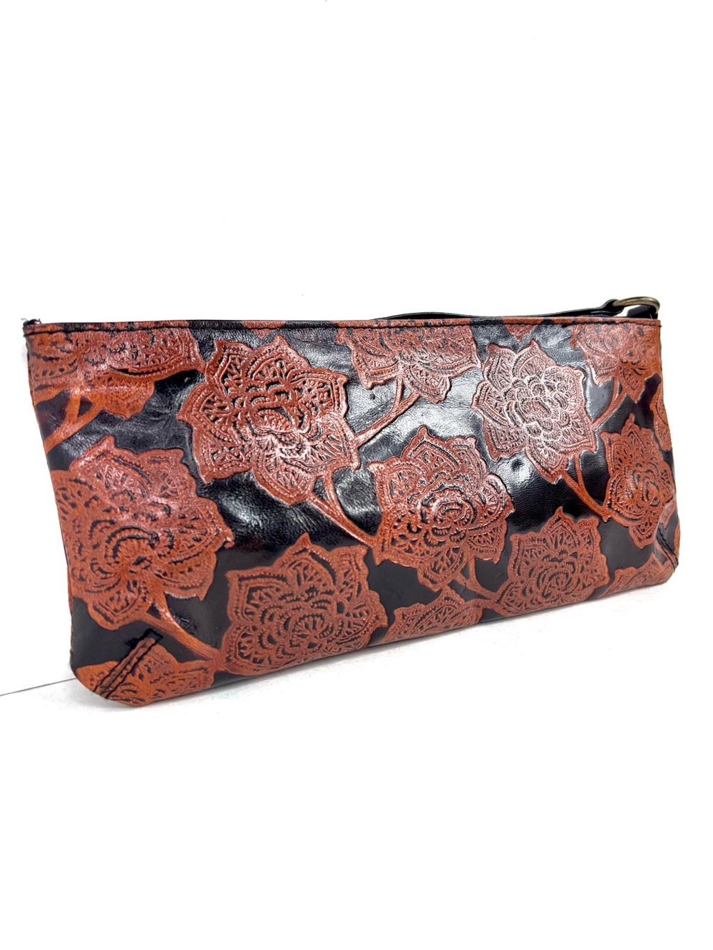 Express Floral Tooled Leather Stamped Floral Boho Wristlet in Brown & Black
